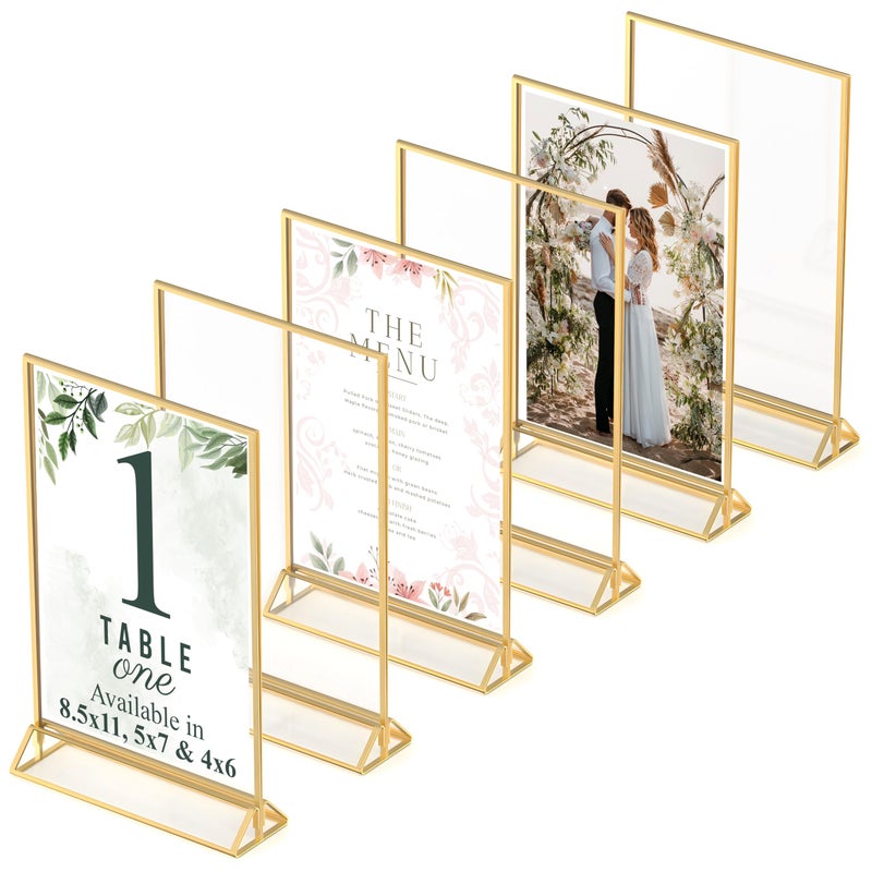 Dasher Products Gold Picture Frames Double-Sided, 6-Pack 8.5x11 Acrylic Table Number Holders, Clear Easel Stands for Signs, Gold Frames for Wedding Table Numbers, Menu Holders, and Photo Displays for Events and DÃ©cor - Image 1